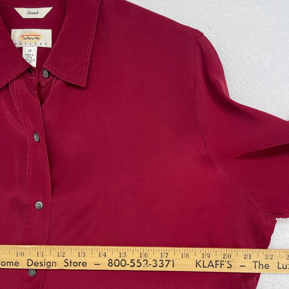 TALBOTS Top 14 Petite Stretch Silk Shirt Blouse Button Up Long Sleeve Red Vtg - Picture 9 of 11